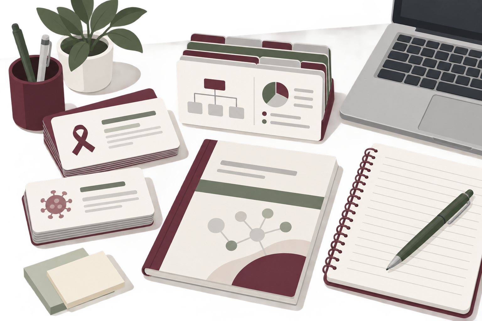Online cancer registry course materials displayed with a laptop and study notes