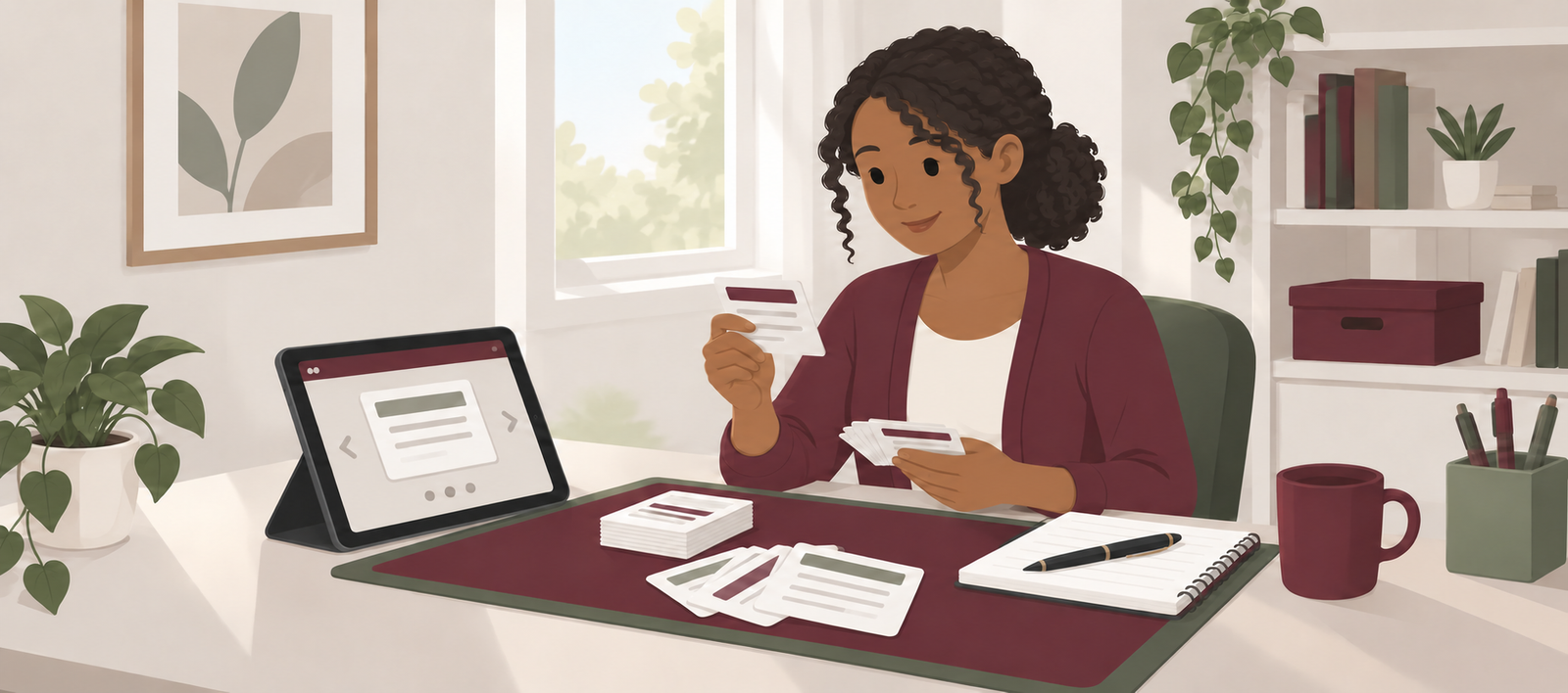 African American cancer registry learner reviewing printed and digital flashcards at her desk
