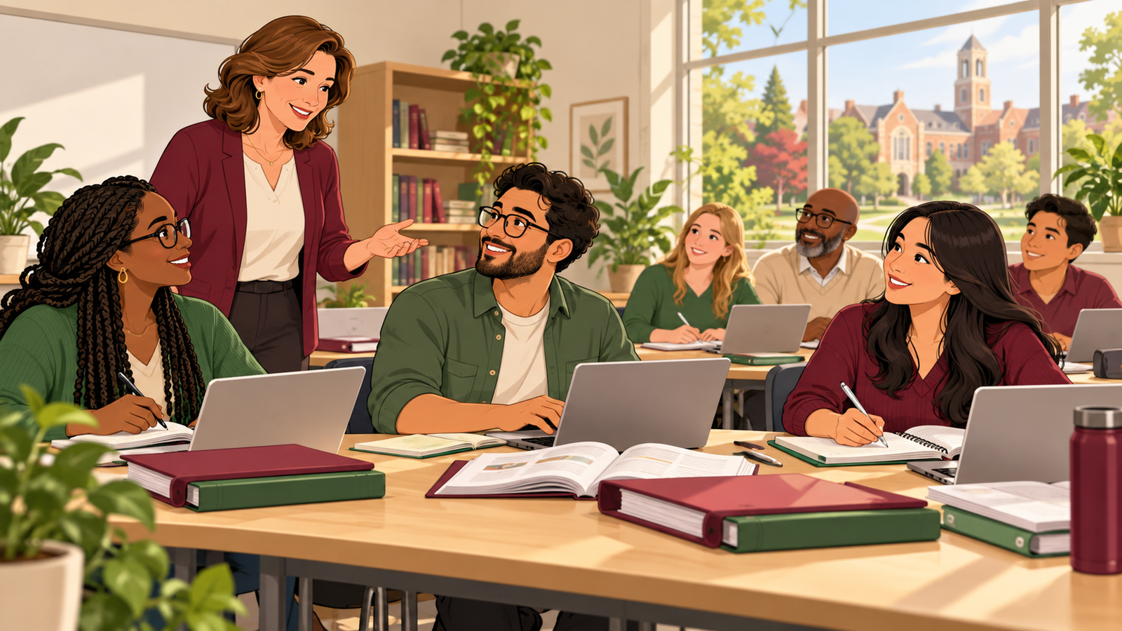 Cartoon illustration of an instructor and adult students learning in a college classroom