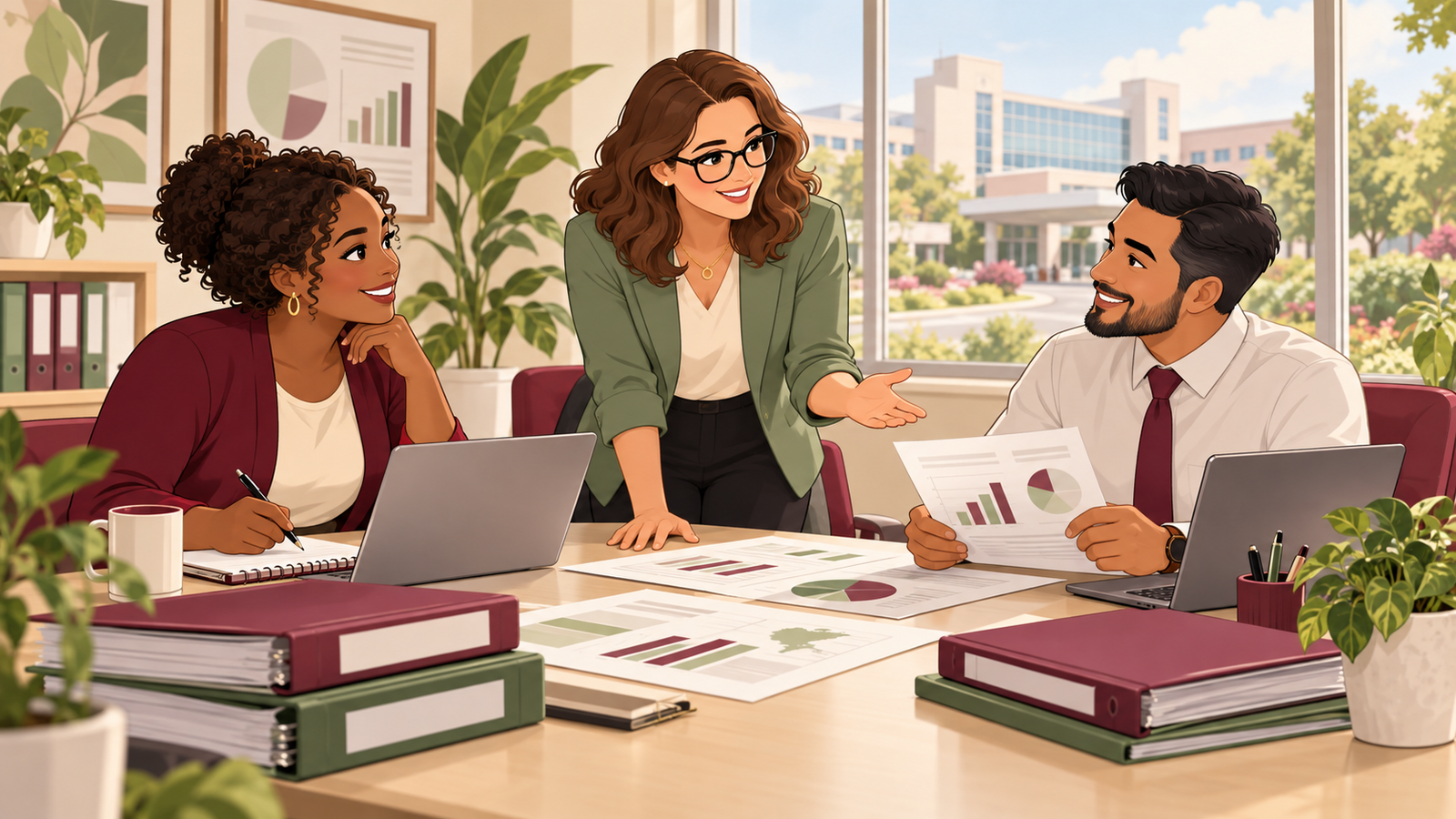 Cartoon illustration of hospital professionals collaborating around an office meeting table